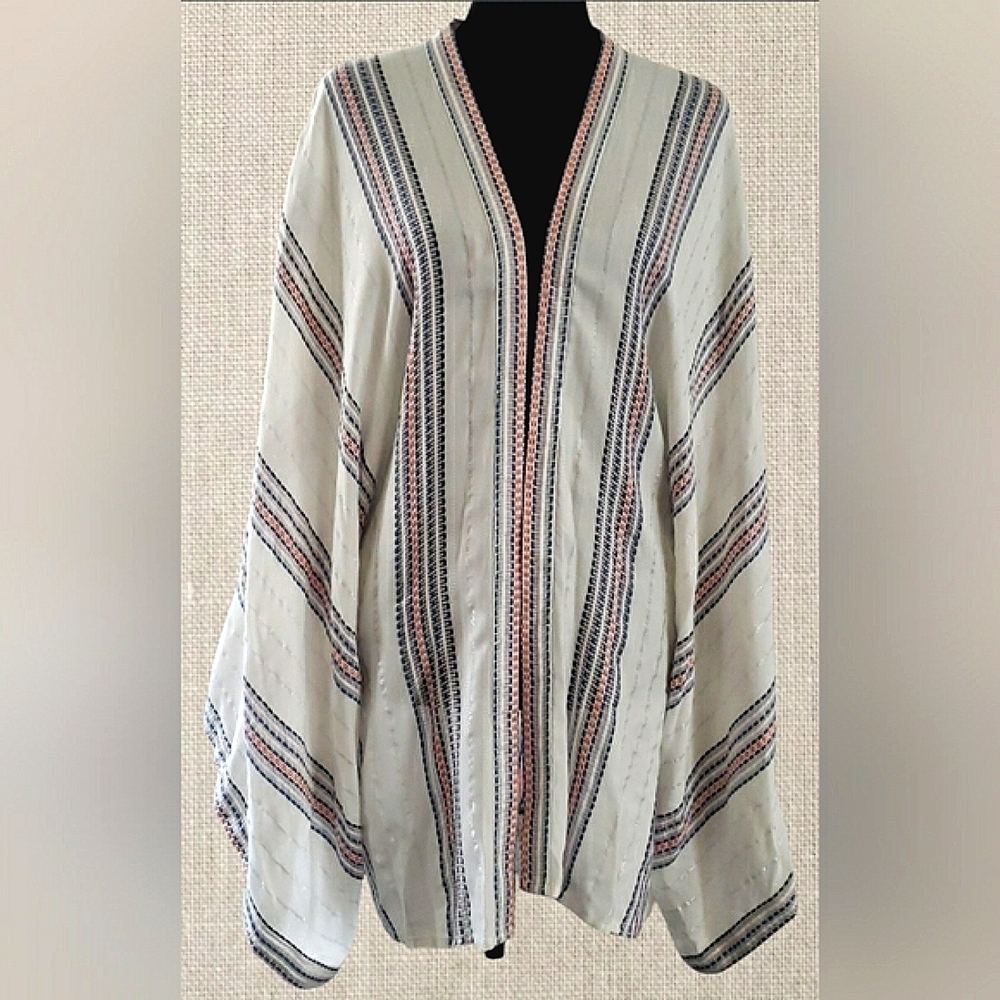 Coastal Boho Artisy XL Striped Open Front Kimono Cardigan Tunic Top Lagenlook